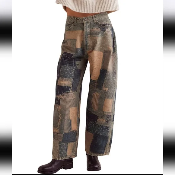 Free People Illusions Patchwork Printed Jeans Barrel Leg Relaxed Indigo 27 NWT - Picture 12 of 15